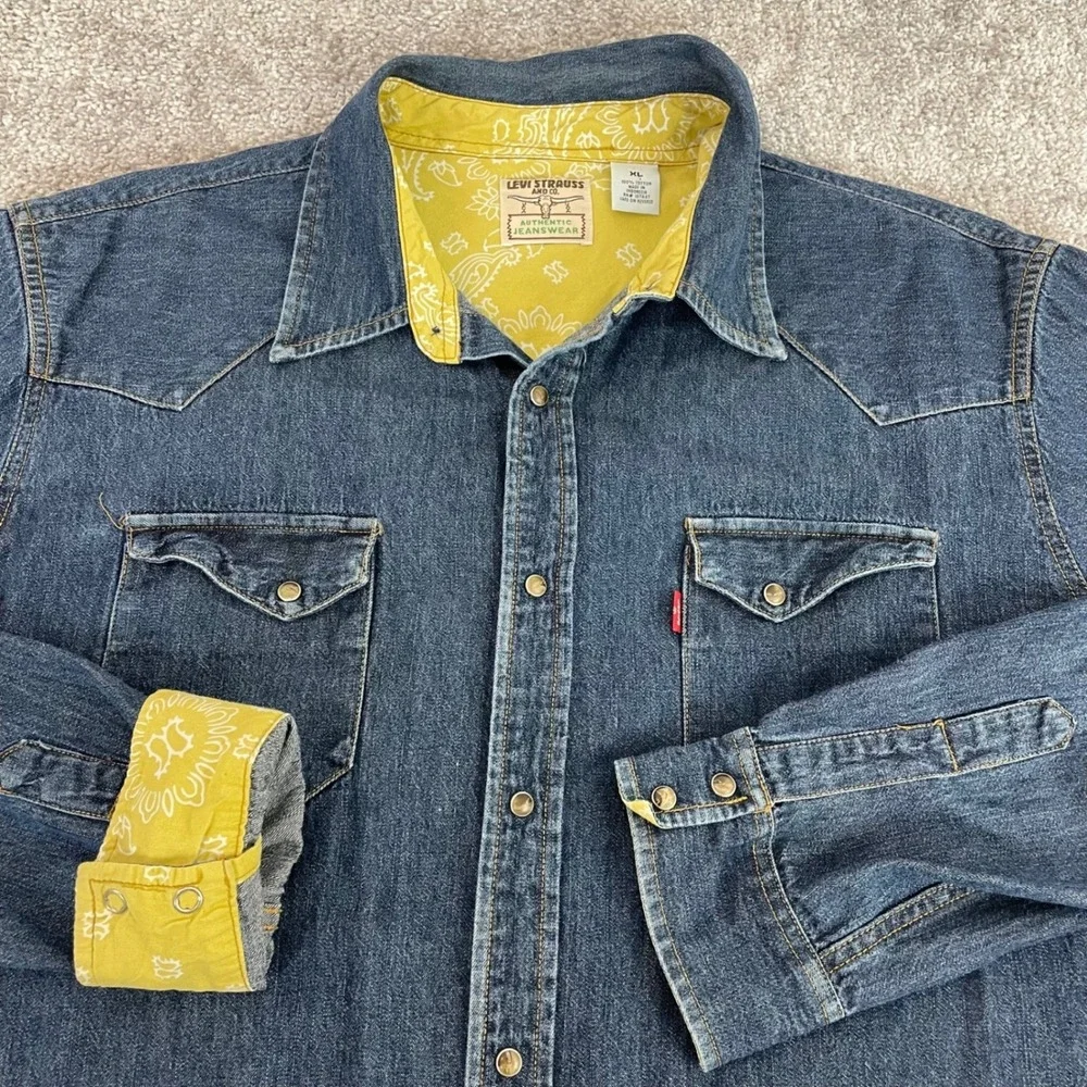 Vintage Levis Denim Shirt Mens Extra Large Jean Western Pearl Snap Paisley